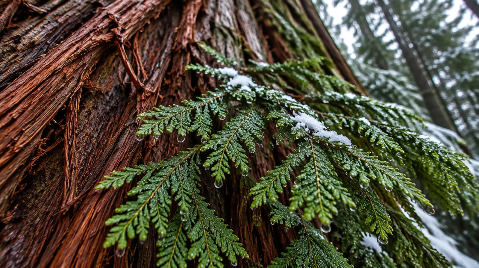 Close-up of cedar bark and fronds dusted with snow