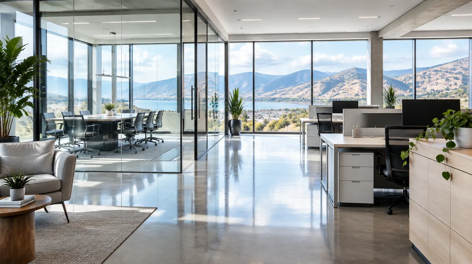 Bright, spotless modern office with lake views