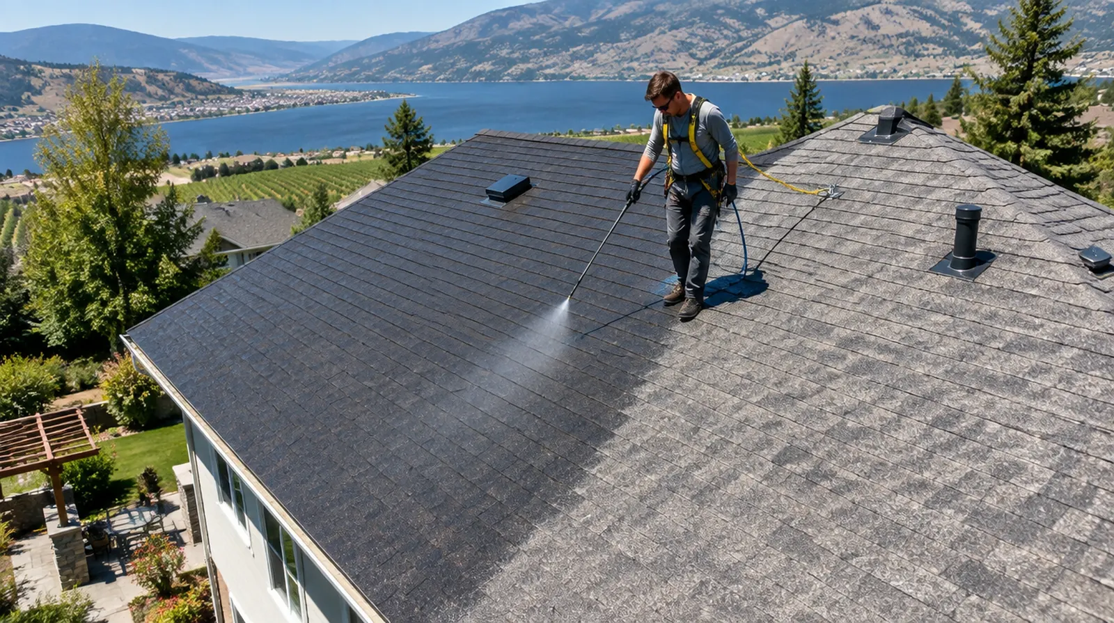 Roof treatment being sprayed onto asphalt shingles