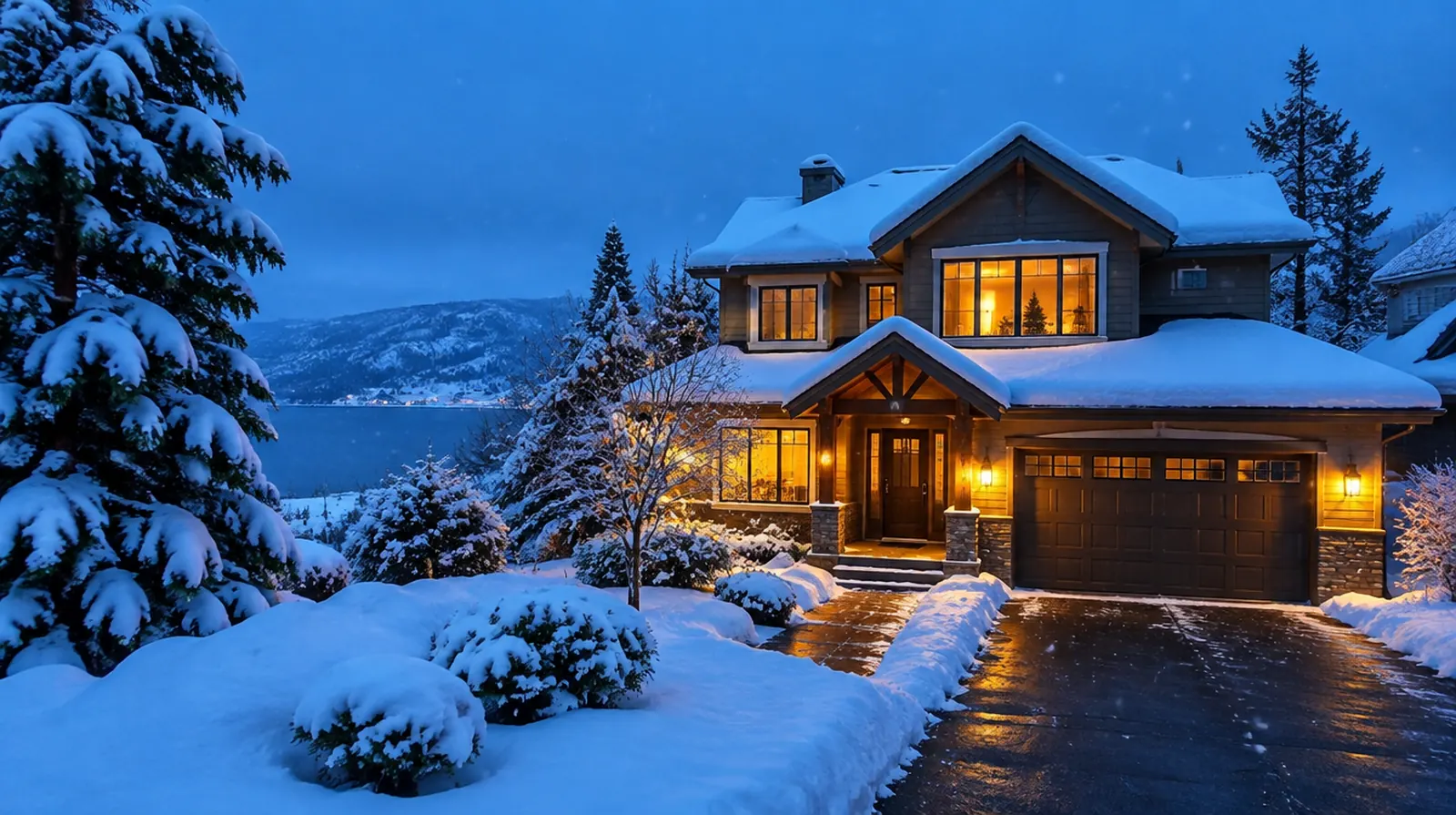 Home in winter at dusk with a cleared driveway