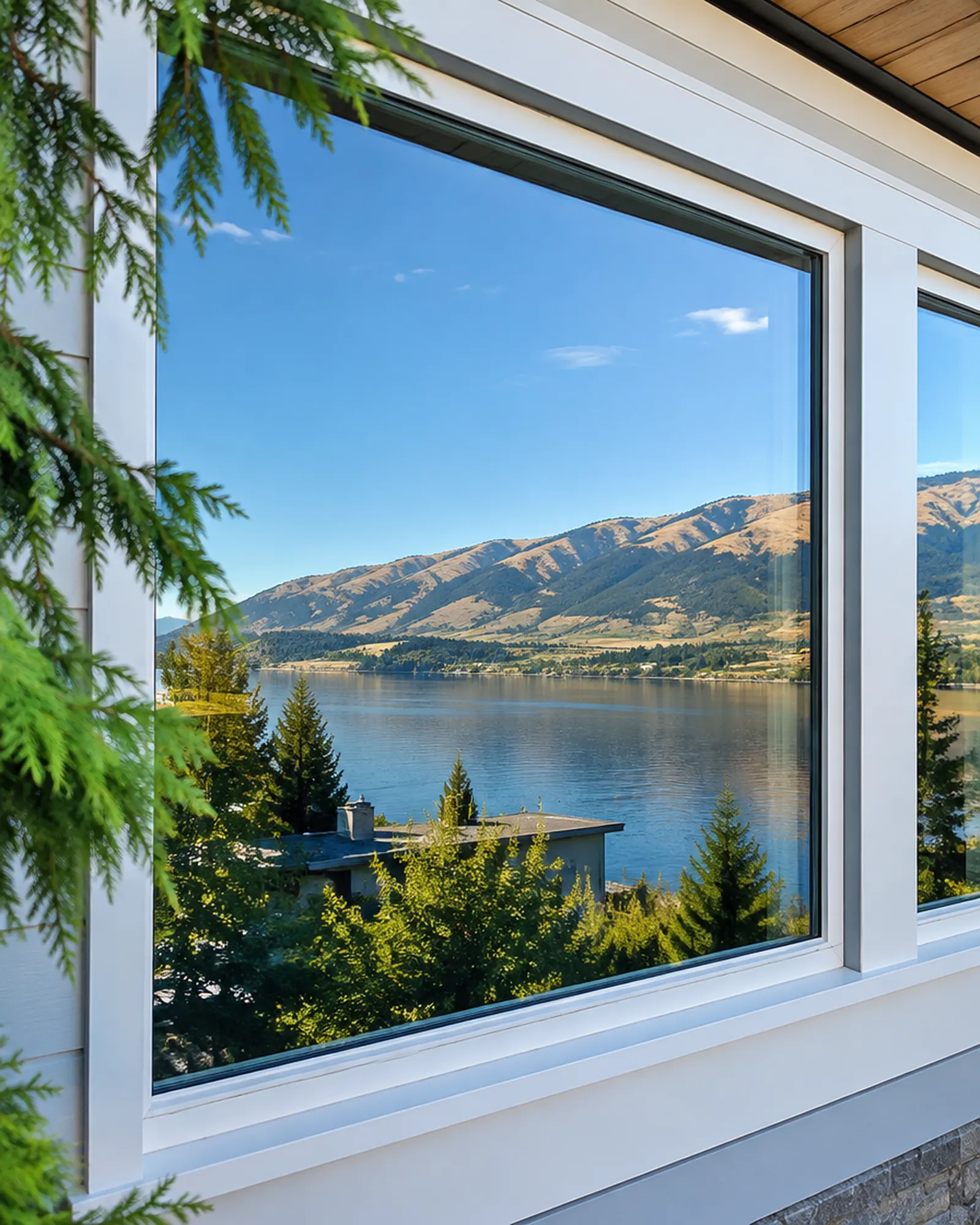 Crystal clear window reflecting the lake and hills